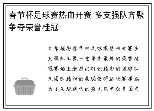 春节杯足球赛热血开赛 多支强队齐聚争夺荣誉桂冠