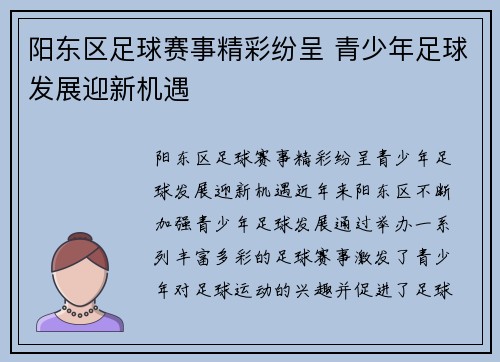 阳东区足球赛事精彩纷呈 青少年足球发展迎新机遇