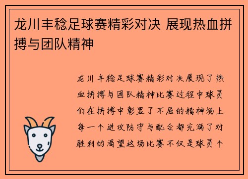龙川丰稔足球赛精彩对决 展现热血拼搏与团队精神