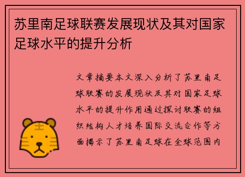 苏里南足球联赛发展现状及其对国家足球水平的提升分析
