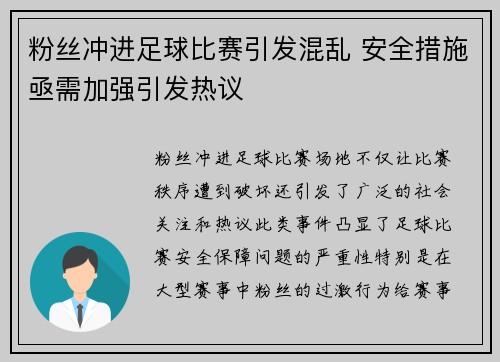 粉丝冲进足球比赛引发混乱 安全措施亟需加强引发热议