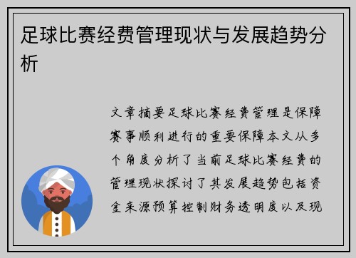 足球比赛经费管理现状与发展趋势分析