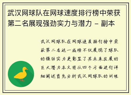 武汉网球队在网球速度排行榜中荣获第二名展现强劲实力与潜力 - 副本